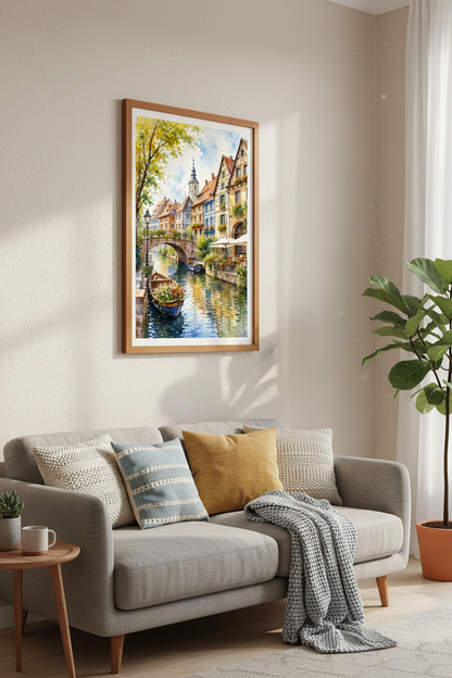 European Village Watercolor Wall Art | Canal Decor, French Country Poster
