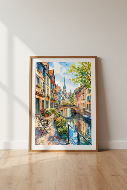 European Canal Town Art | Watercolor Village Poster, French German Style Wall Decor