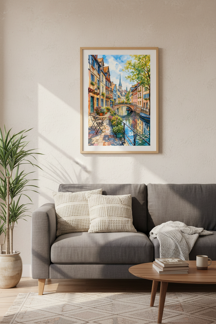 European Canal Town Art | Watercolor Village Poster, French German Style Wall Decor
