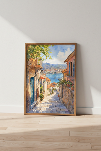 Mediterranean Coastal Town Watercolor | European Village Art, Sunlit Travel Poster
