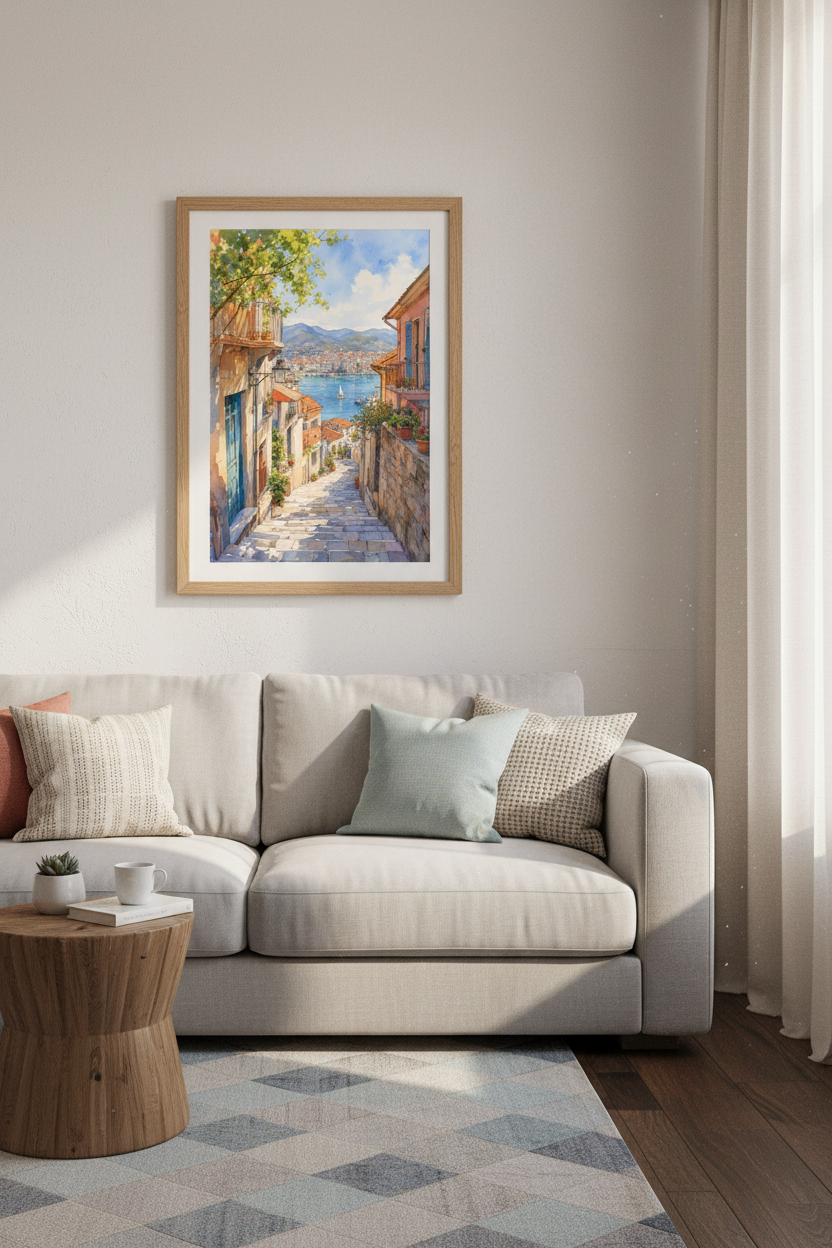 Mediterranean Coastal Town Watercolor | European Village Art, Sunlit Travel Poster