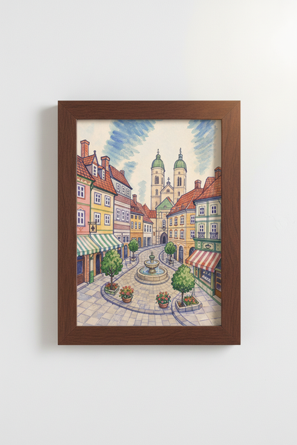 Watercolor Town Print | Vibrant Pastels, Living Room Decor