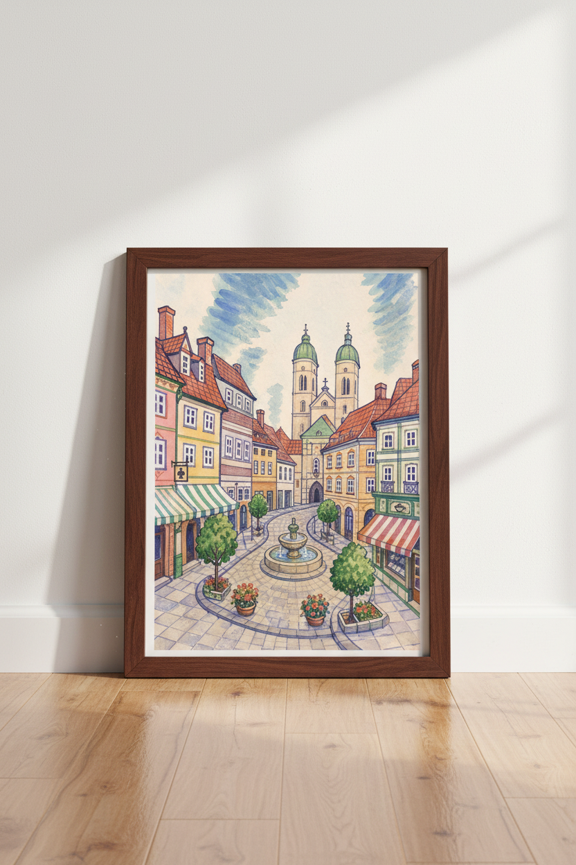 Watercolor Town Print | Vibrant Pastels, Living Room Decor