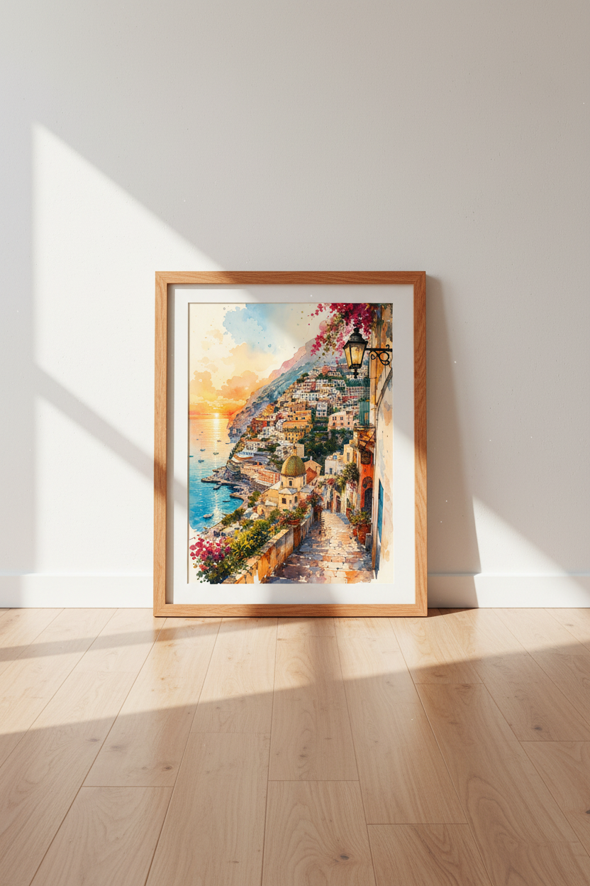 Positano Italy Watercolor Wall Art Print | Coastal Room Decor | Mediterranean Poster