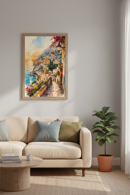 Positano Italy Watercolor Wall Art Print | Coastal Room Decor | Mediterranean Poster
