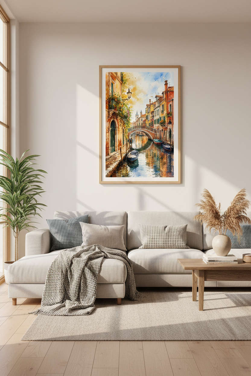 Venice Canal Watercolor Art | Italy Travel Poster, Mediterranean Home Decor