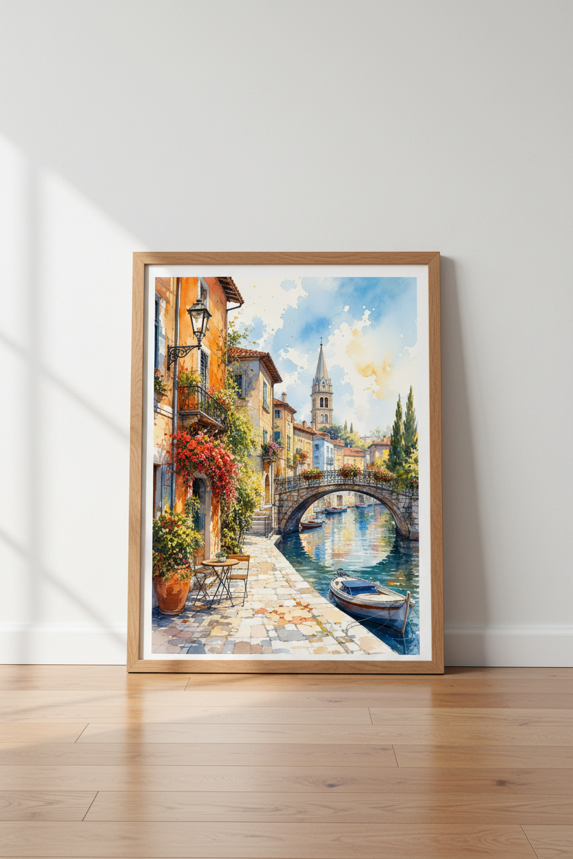 Italian Canal Watercolor Wall Art | European Village Decor | Mediterranean Travel Poster