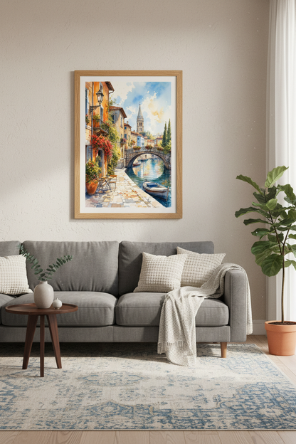 Italian Canal Watercolor Wall Art | European Village Decor | Mediterranean Travel Poster