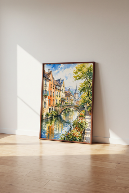 European Village Canal Art | Watercolor Townscape, Living Room Decor Poster