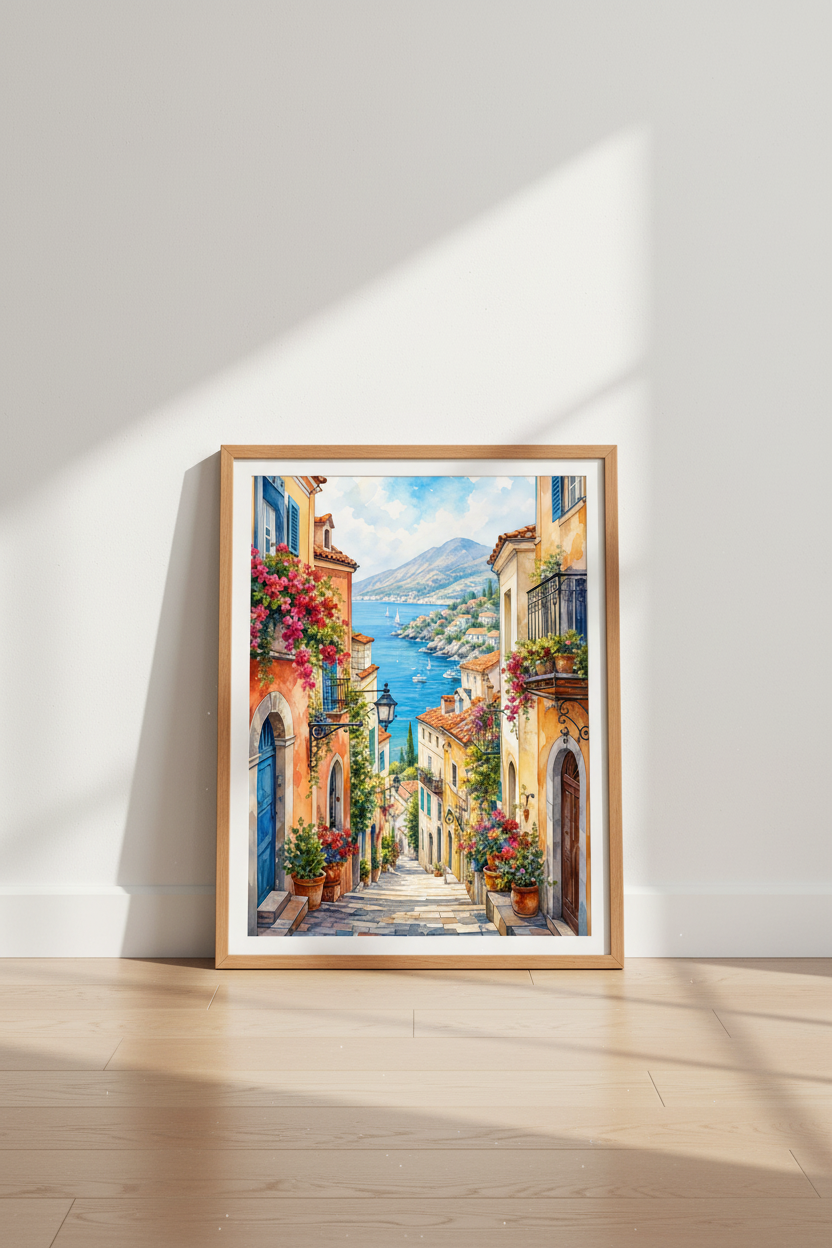 Mediterranean Coastal Village Art | Watercolor Italy Print, Summer Travel Decor