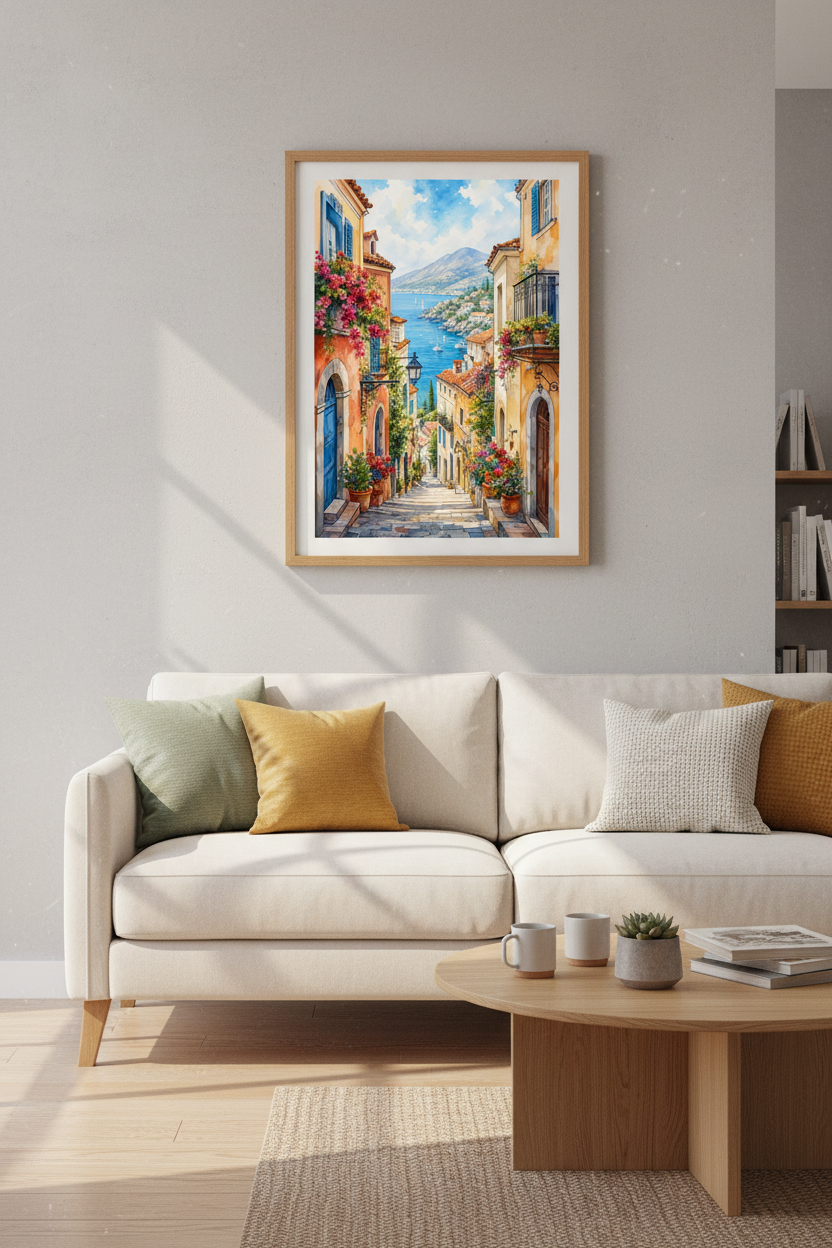 Mediterranean Coastal Village Art | Watercolor Italy Print, Summer Travel Decor