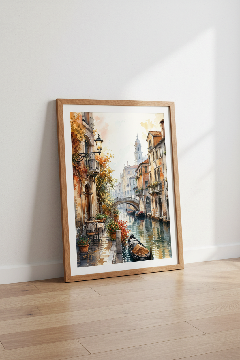 Venice Canal Watercolor Wall Art | Italy Cityscape Decor | Romantic Travel Poster