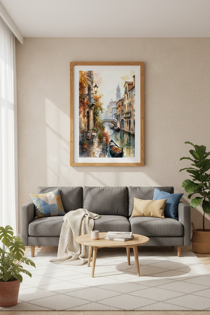 Venice Canal Watercolor Wall Art | Italy Cityscape Decor | Romantic Travel Poster
