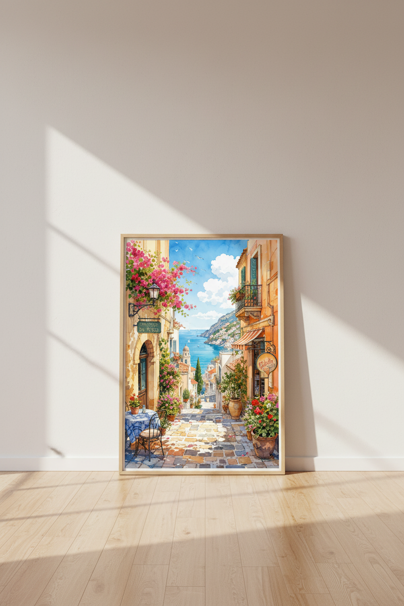 Amalfi Coast Italy Watercolor Print | Mediterranean Wall Art | Italian Summer Poster