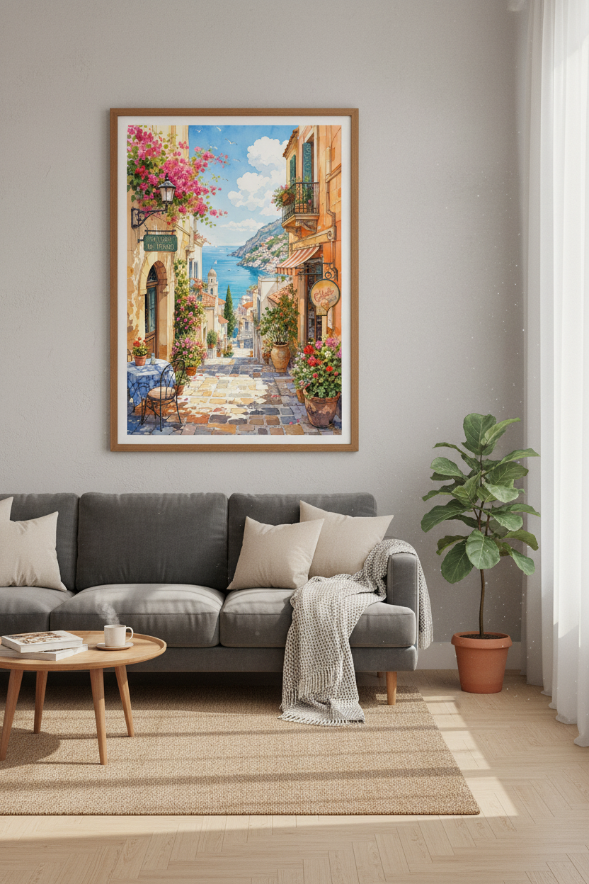Amalfi Coast Italy Watercolor Print | Mediterranean Wall Art | Italian Summer Poster