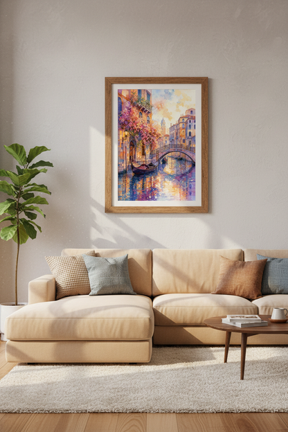 Venice Canal Watercolor Print | Italy Landscape Decor | Romantic Pastel Poster