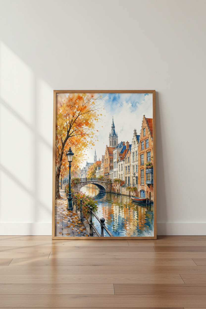 European Autumn Canal Watercolor | Warm Cityscape Print, Living Room Decor