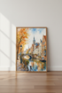 European Autumn Canal Watercolor | Warm Cityscape Print, Living Room Decor