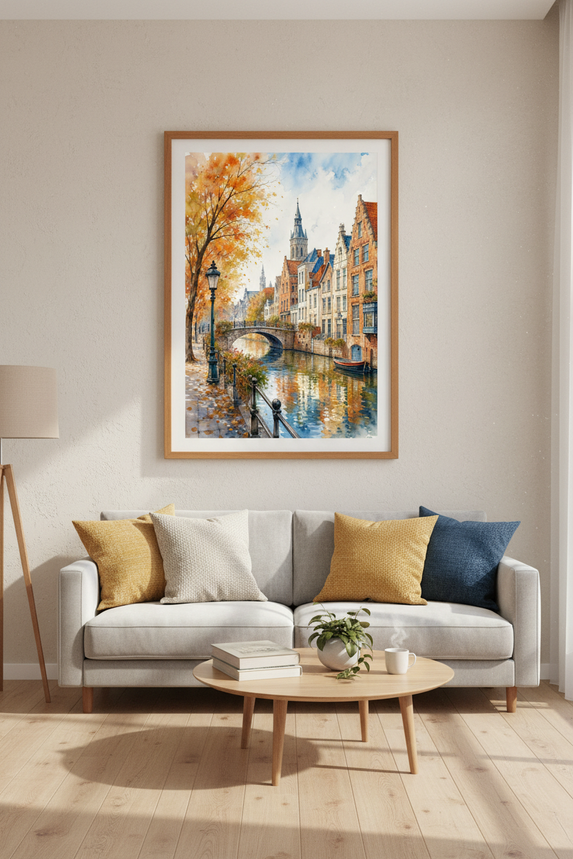 European Autumn Canal Watercolor | Warm Cityscape Print, Living Room Decor