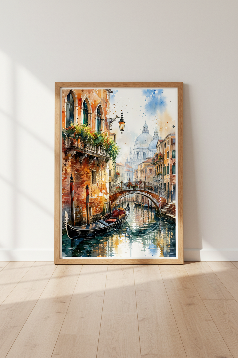 Venice Watercolor Canal Art | Italy Gondola Print, Travel Decor Poster