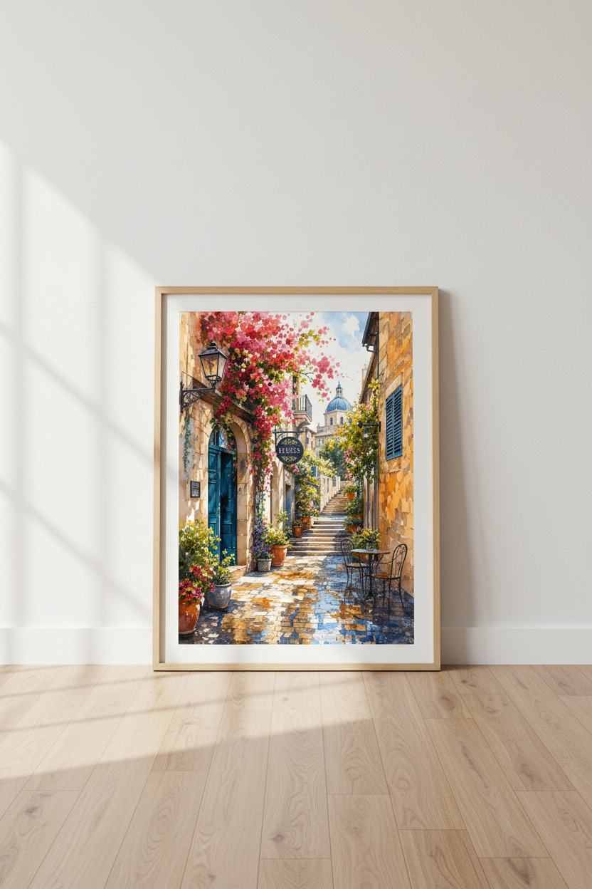 Watercolor Italian Street Wall Art | Pink Floral Scene | Mediterranean Decor Poster
