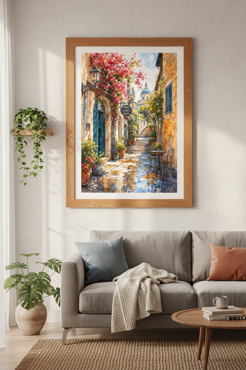 Watercolor Italian Street Wall Art | Pink Floral Scene | Mediterranean Decor Poster