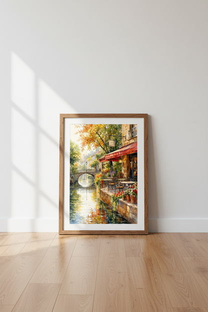 French Cafe Watercolor Wall Art | European Canal Street Poster, Kitchen Decor