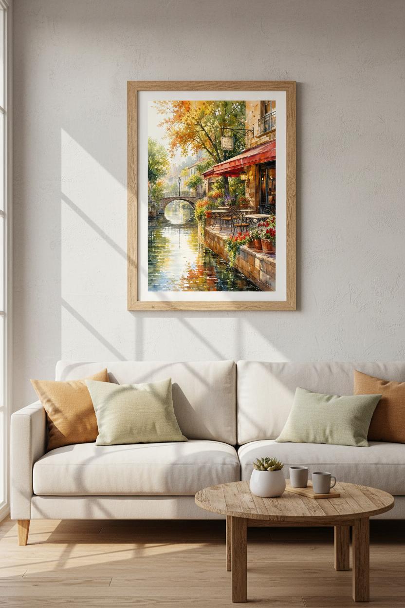 French Cafe Watercolor Wall Art | European Canal Street Poster, Kitchen Decor