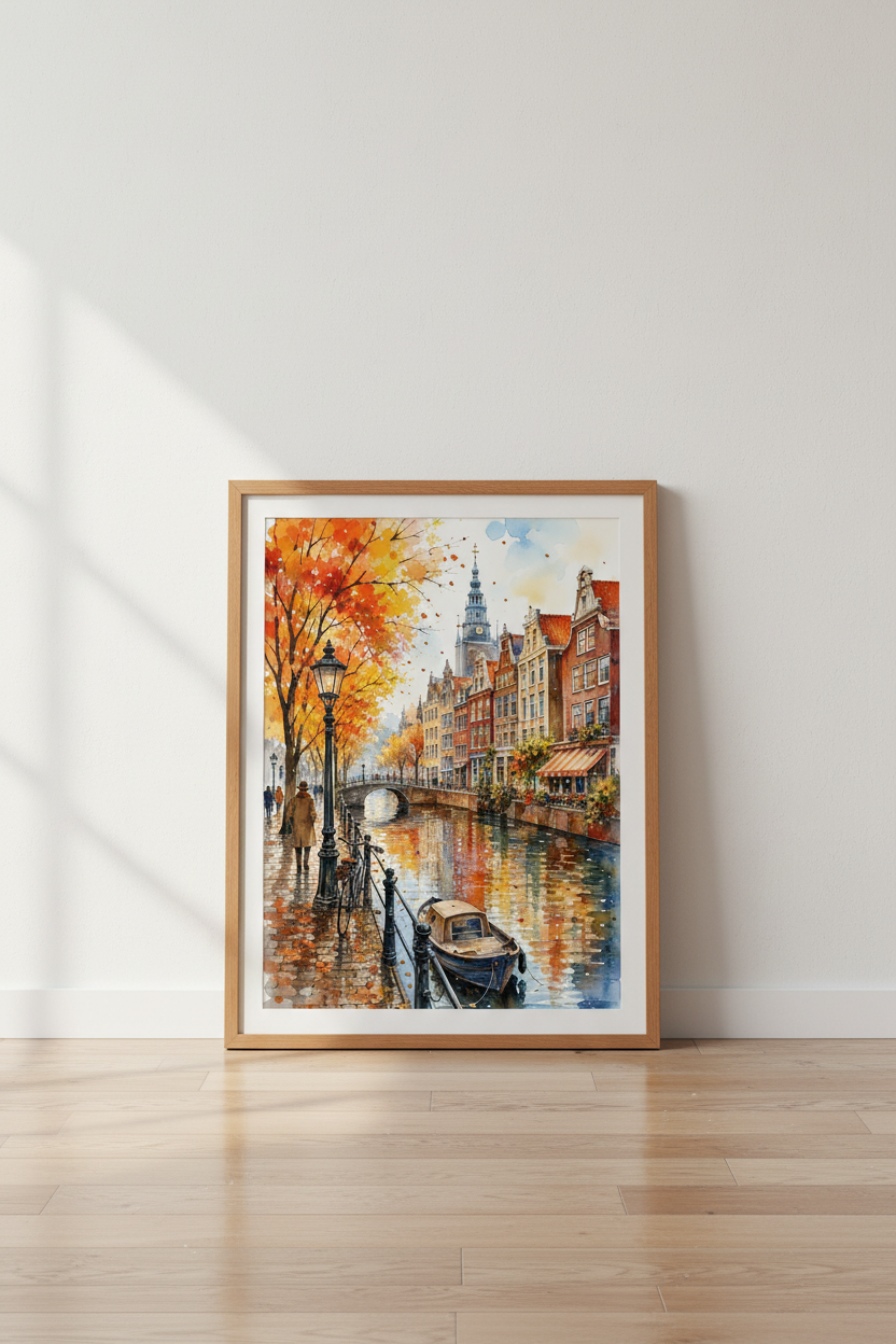 Amsterdam Canal Watercolor Art | Autumn Cityscape, European Travel Decor