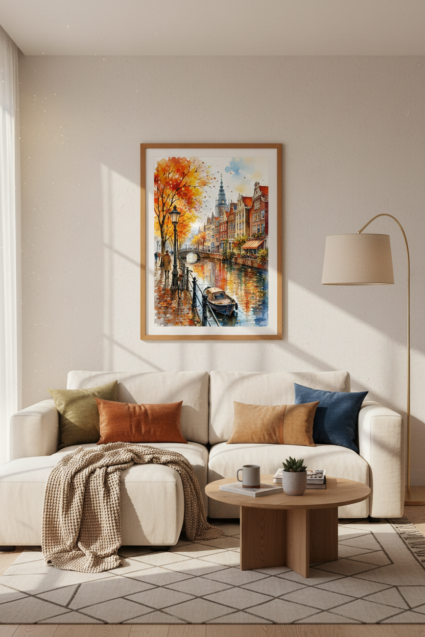Amsterdam Canal Watercolor Art | Autumn Cityscape, European Travel Decor