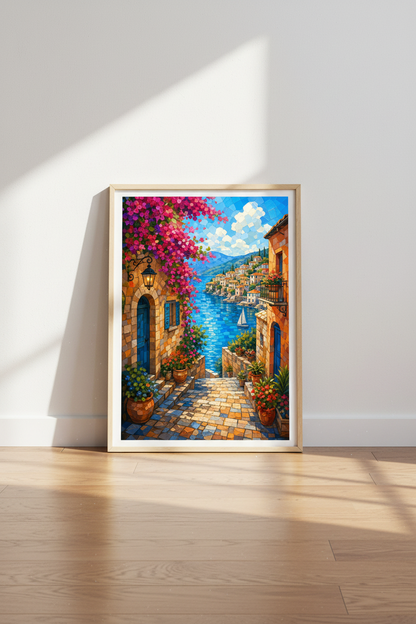 Mediterranean Coastal Town Wall Art | Mosaic Greek Poster | Living Room Decor
