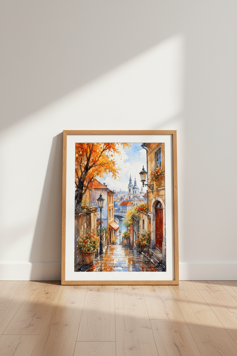 European Cityscape Watercolor Art | Autumn Street Poster | Living Room Decor
