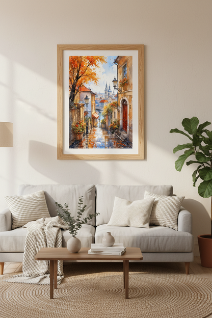 European Cityscape Watercolor Art | Autumn Street Poster | Living Room Decor