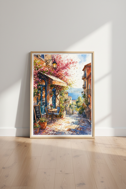 European Cafe Watercolor Print | Mediterranean Coastal Scene, Kitchen &amp; Living Room Decor