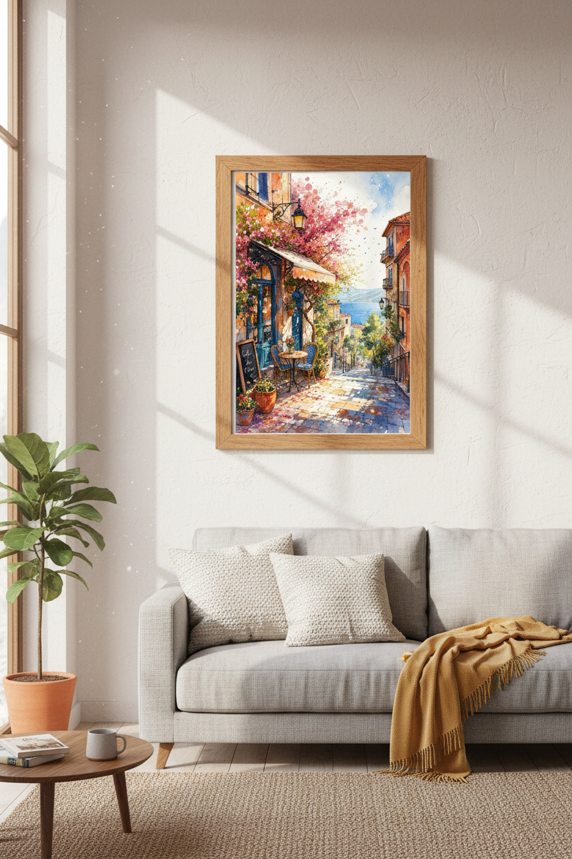 European Cafe Watercolor Print | Mediterranean Coastal Scene, Kitchen &amp; Living Room Decor