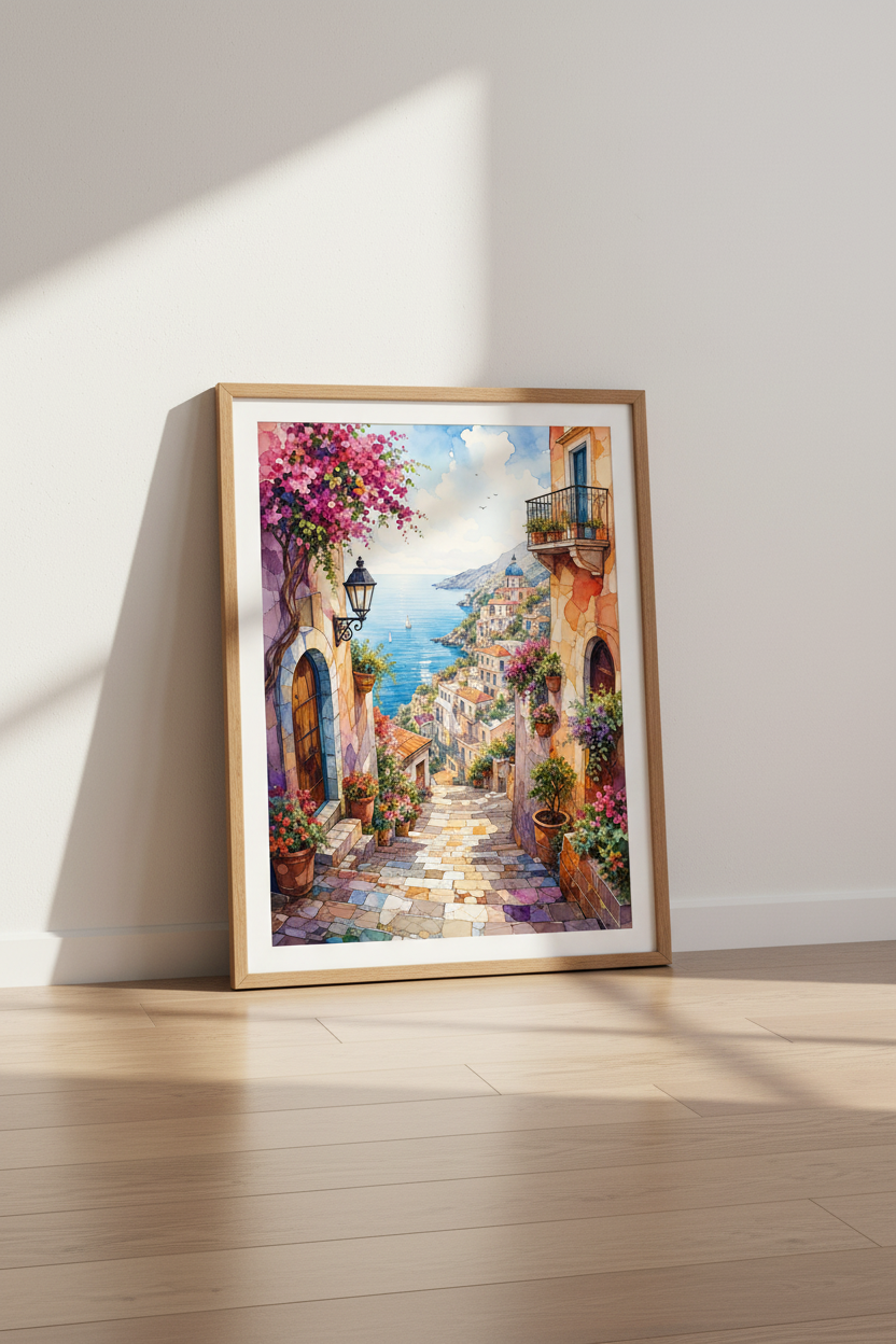Amalfi Coast Italy Watercolor Wall Art Print | Mediterranean Decor | Positano Poster