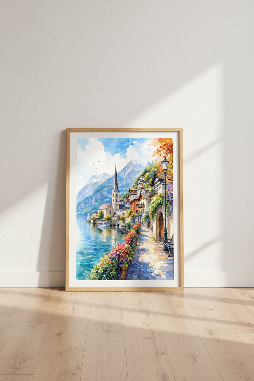 Hallstatt Austria Watercolor Print | Alpine Village Wall Art | European Travel Poster