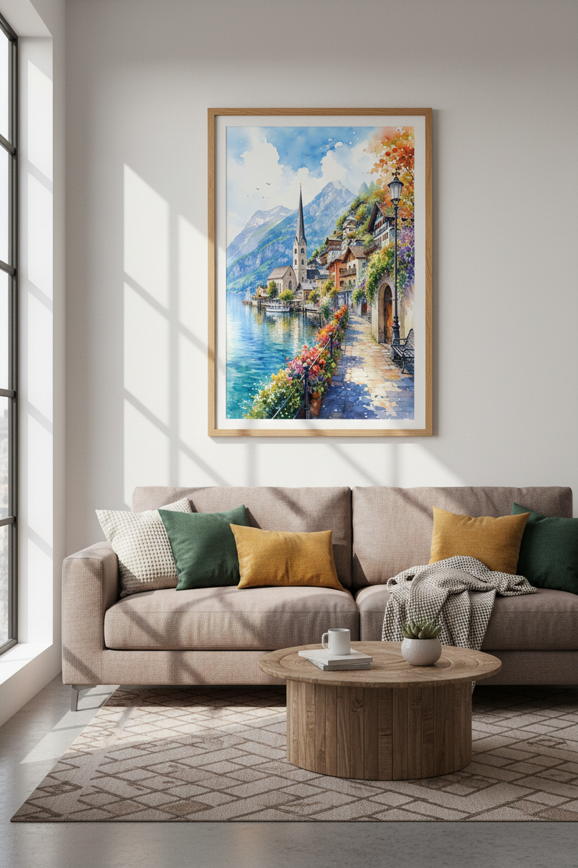 Hallstatt Austria Watercolor Print | Alpine Village Wall Art | European Travel Poster
