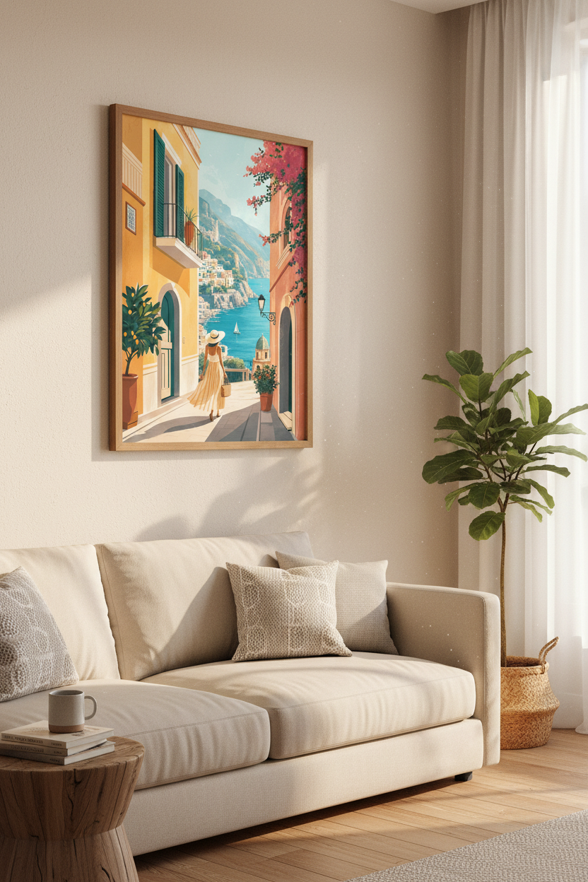 Amalfi Coast Art Print | Mediterranean Positano Poster, Travel Wall Decor