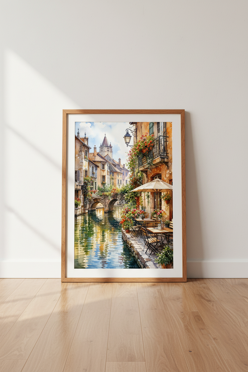 European Canal Cafe Art | French Village Watercolor, Travel Wall Decor