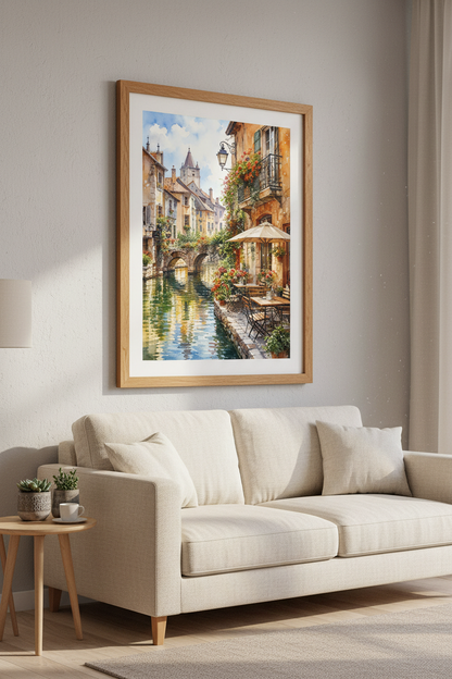 European Canal Cafe Art | French Village Watercolor, Travel Wall Decor