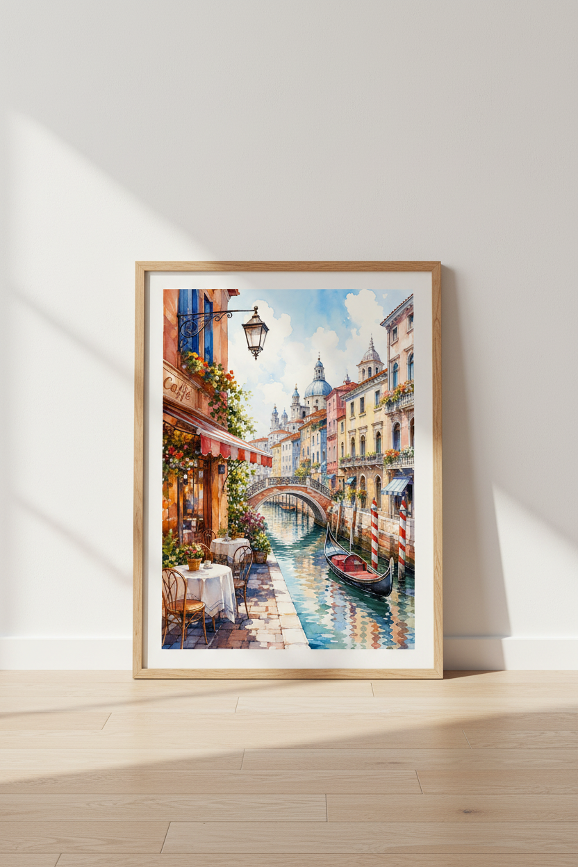 Venice Italy Canal Watercolor | Mediterranean Cafe Wall Art Print, Living Room Decor