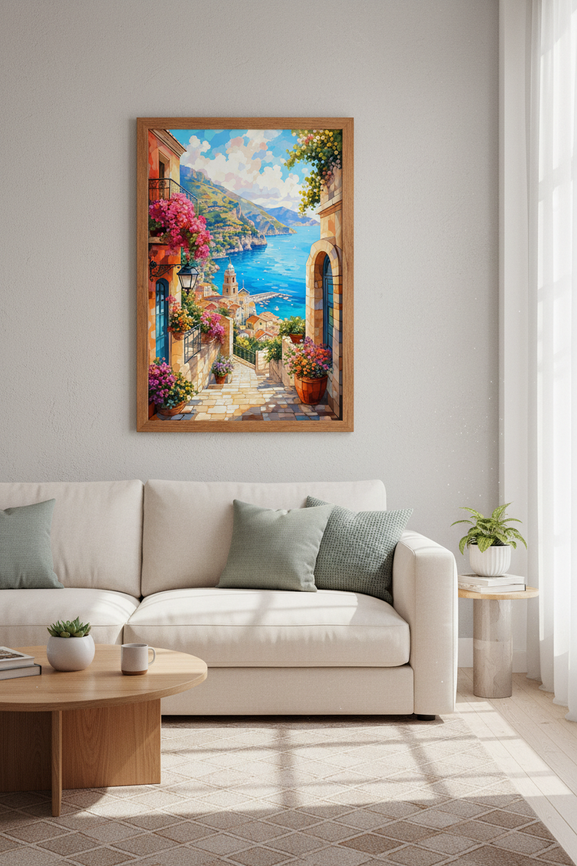 Amalfi Coast Art Print | Italian Coastal Mosaic Poster, Mediterranean Home Decor