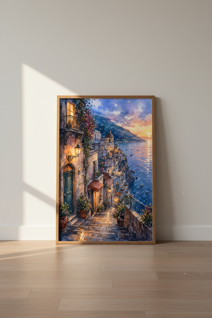 Amalfi Coast Italy Watercolor Print | Positano Sunset Wall Art | Mediterranean Decor