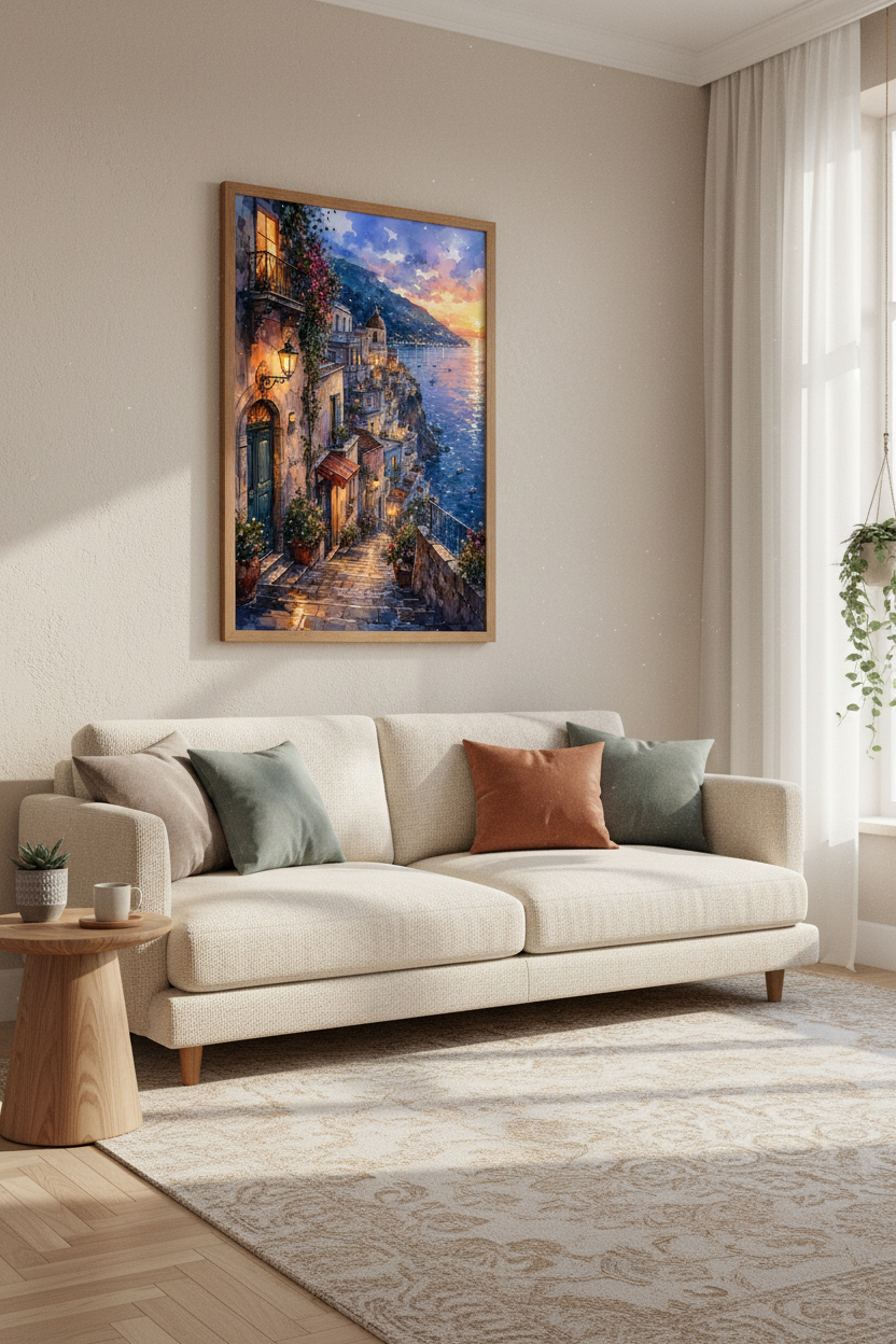 Amalfi Coast Italy Watercolor Print | Positano Sunset Wall Art | Mediterranean Decor