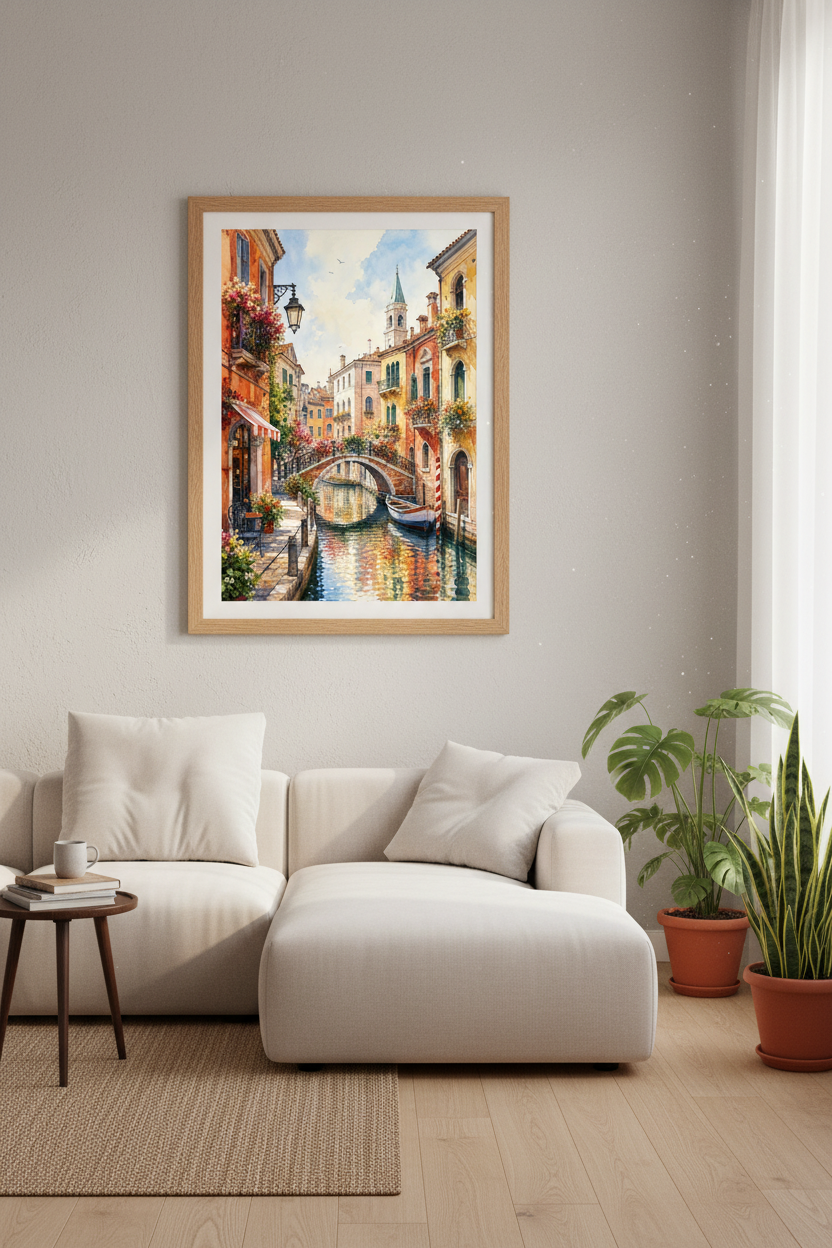 Venice Canal Watercolor Art | Italian Cityscape Print, Living Room Travel Decor