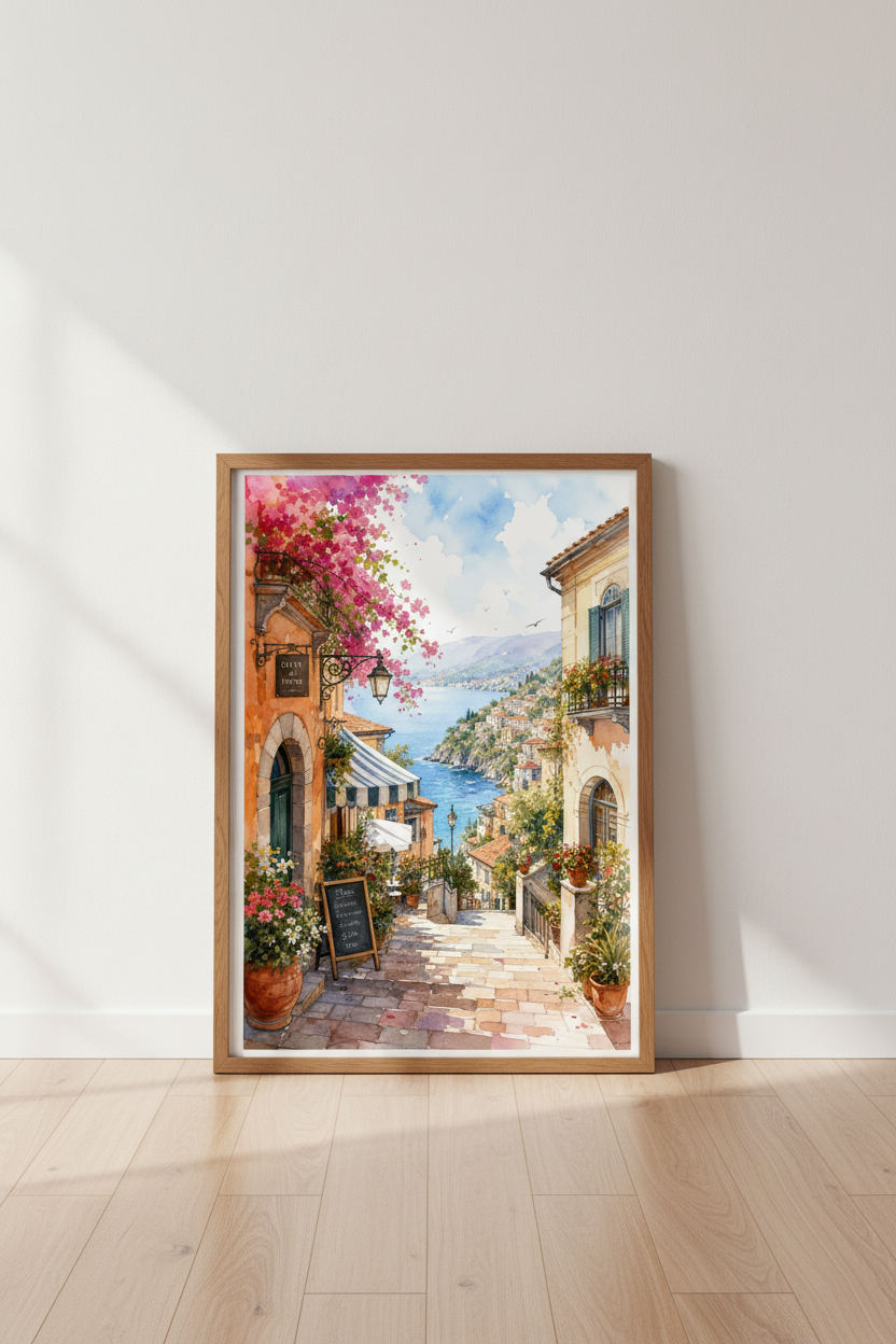 Italian Coast Watercolor Print | Mediterranean Cafe Decor | Amalfi Village Wall Art