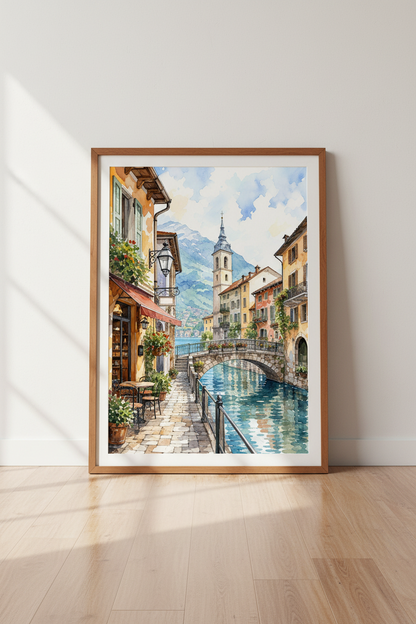 Italy Canal Watercolor Wall Art | Mediterranean Cafe Decor | European Travel Poster