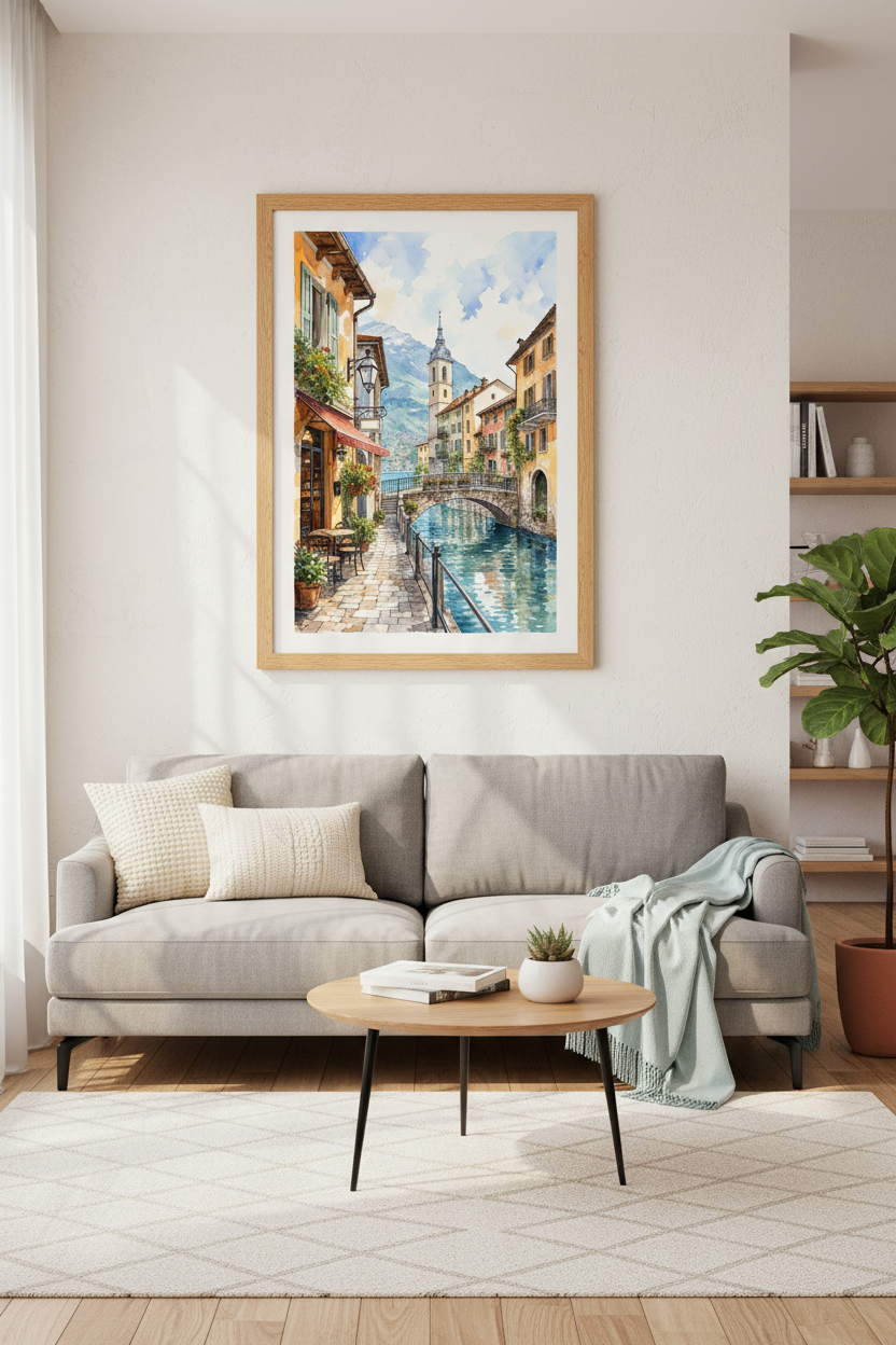 Italy Canal Watercolor Wall Art | Mediterranean Cafe Decor | European Travel Poster
