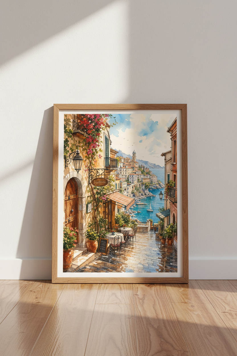 Amalfi Coast Italy Watercolor Print | Mediterranean Cafe Decor | Coastal Travel Poster